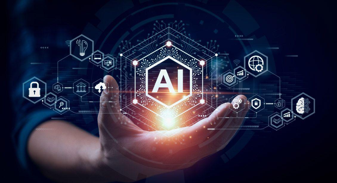Hand holding AI icons